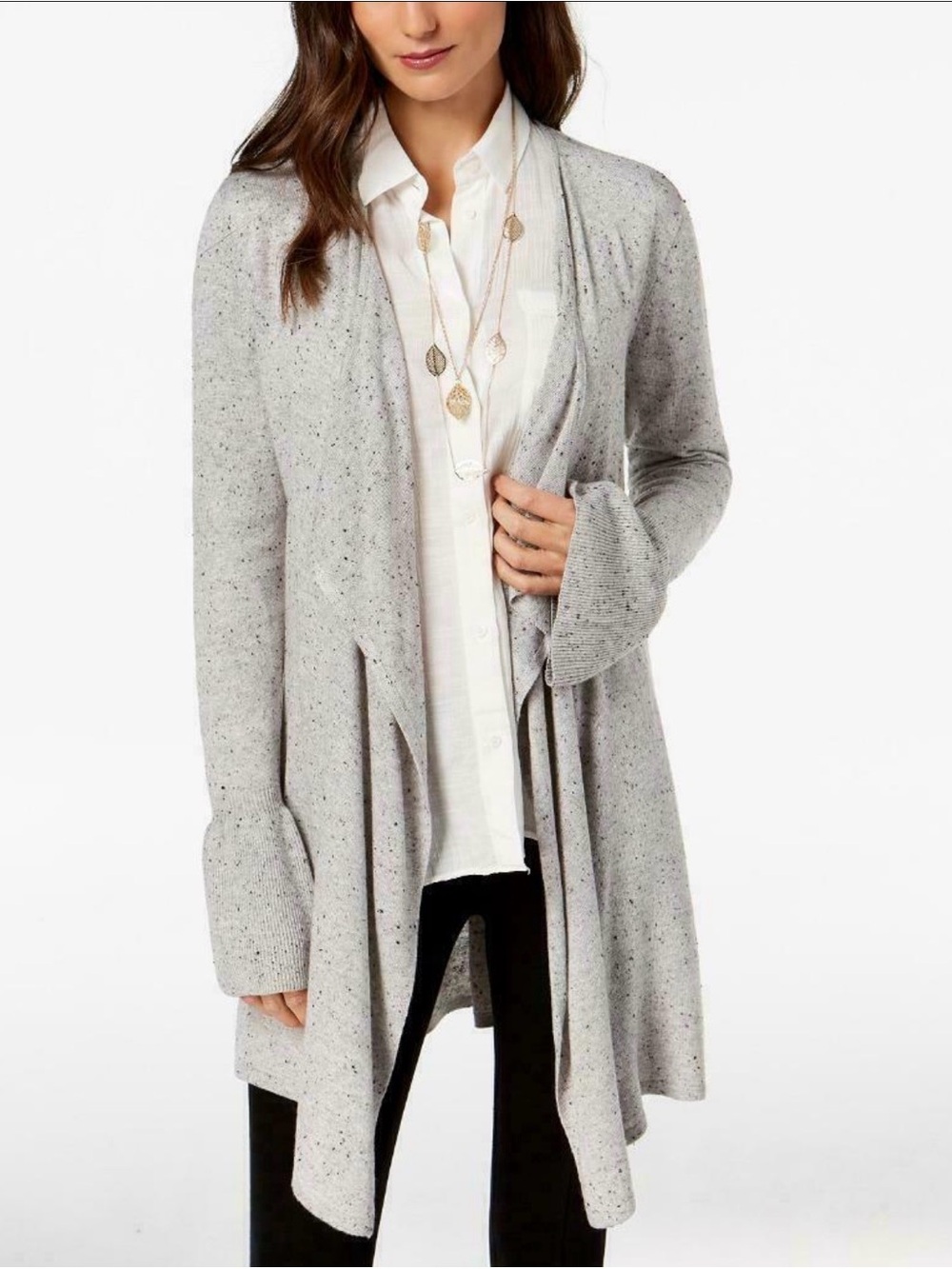 Style & Co. Boho Gray Speckled Knit Bell Sleeve  Cascading Front Cardigan